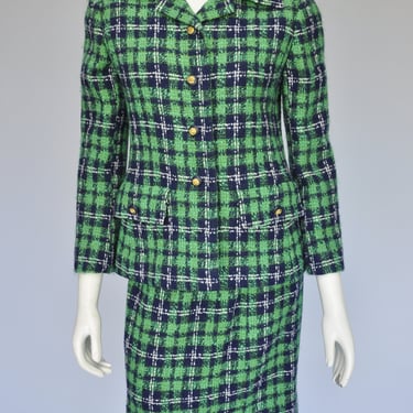 1960s green and navy windowpane check Davidow skirt suit M 