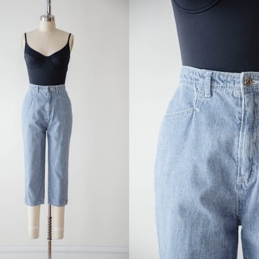 high waisted jeans | 90s y2k vintage blue white hickory striped boyfriend relaxed fit cropped mom jeans capris 