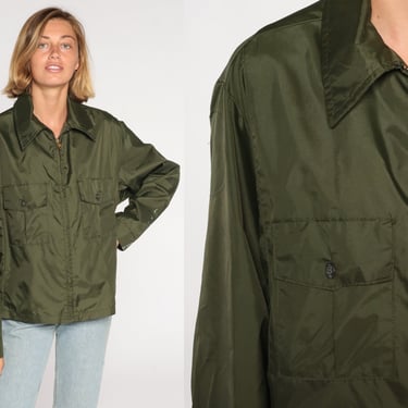 Army Green Jacket 80s Zip Up Windbreaker Cargo Pocket Jacket Plain Retro Grunge Nylon Shell Normcore Streetwear Vintage 1980s Mens Medium M 