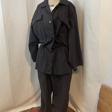 Jumpsuit Black Linen Coveralls 80s vintage Batwing Utility Workwear M L 