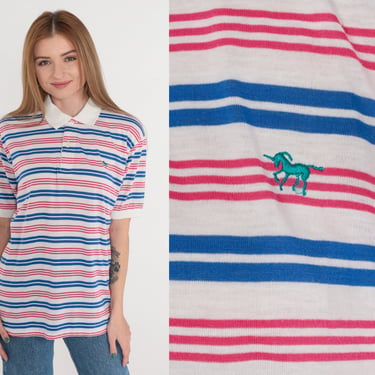 Striped Polo Shirt 80s Pink White Blue Collared T-Shirt Unicorn Half Button Up Short Sleeve TShirt Preppy Top Vintage 1980s Mens Small 
