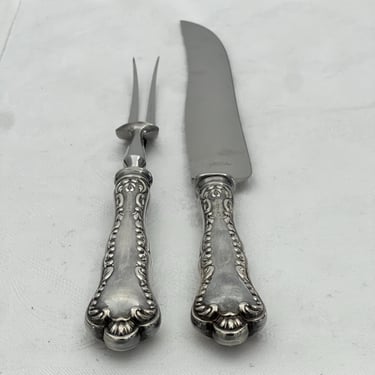 Two piece Vintage Birks Sterling Silver Carving Set, Louis XV pattern, Carving Knife and Meat Fork with hinge, made in England, wedding gift 