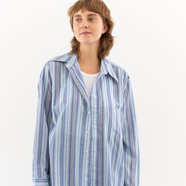 Vintage Blue Purple Stripe 70s Button up Shirt | Unisex Cotton blend blouse | M L | 