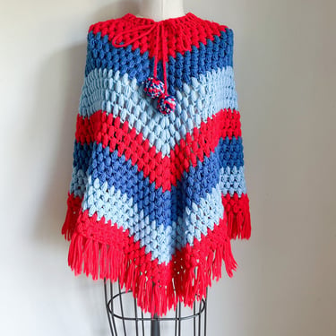 Vintage 1970s Blue & Red Striped Crochet Poncho / fits most 