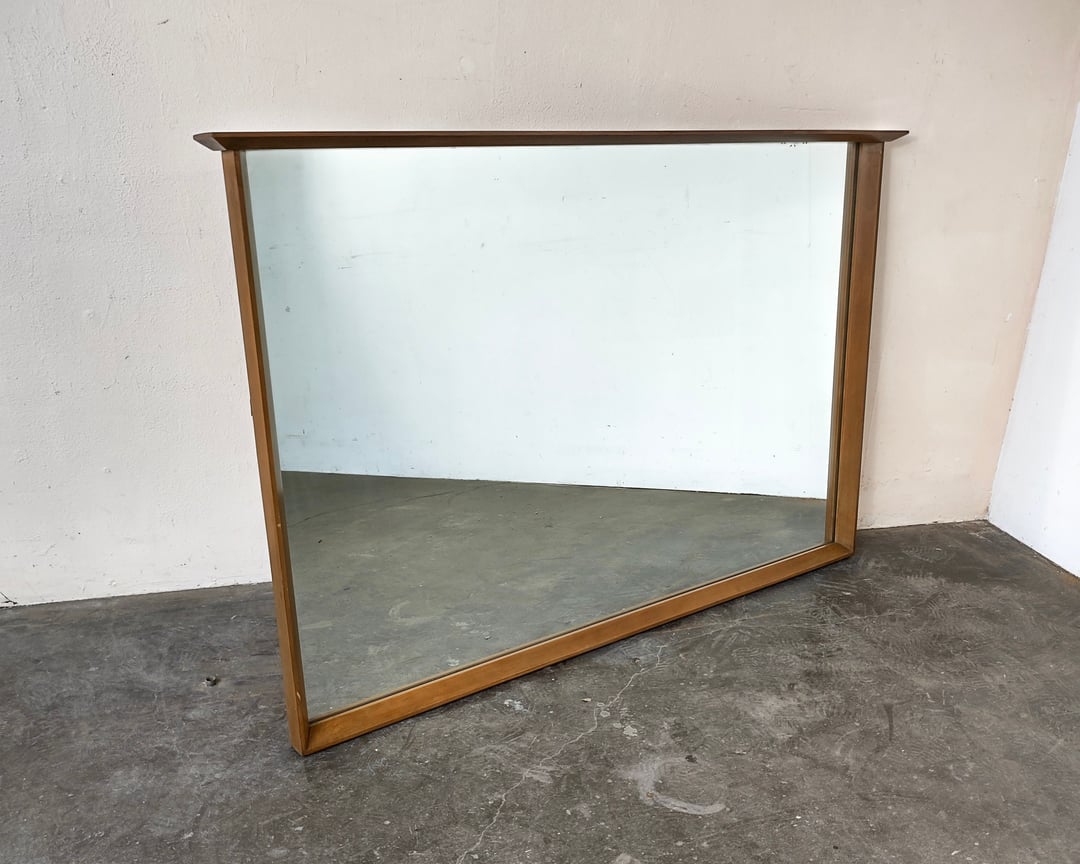 1960s MidCentury Large Horizontal Wood Framed Wall Mirror With Ledge