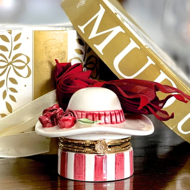 VINTAGE: 1999 - Mud Pie Antique Rose Hat in Original Box - Treasure Box - # 20626 - Porcelain Trinket Box - Collectable - SKU 