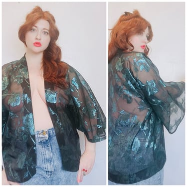 1980s Sheer Black and Teal Floral Overcoat /80s Kimono Sleeve Cocoon Jacket / One Size 