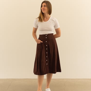 Vintage 24 25 26 Waist Hickory Brown Button Front A line Skirt | Single Pocket button Front | Knee Length Skirt | 70s Skirt 