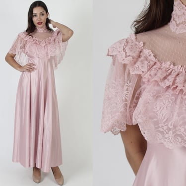 Long Light Pink Grecian Goddess Dress / Vintage 70s Embroidered Lace Dress / Sheer Floral Rose Medieval Maxi Dress 