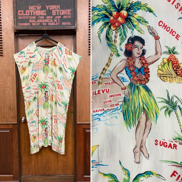 Vintage 1950’s Tropical Fiji Print Hula Girl Silk Muumuu Hawaiian Dress, Vintage 1950’s Dress, Tiki Dress, Hawaiian Dress, Muumuu, Tropical 