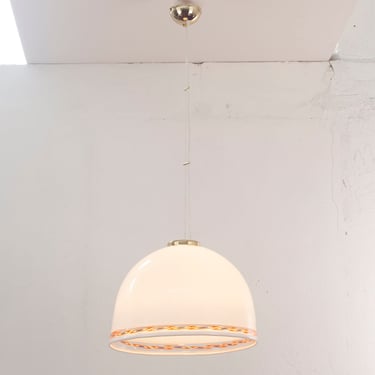 Spectacular Murano glass hanging lamp, milk white with blue red murrine 45 cm with brass frame, 1980s 