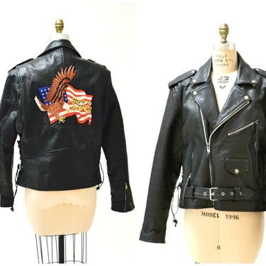 Vintage Black Leather Motorcycle Jacket Mens Large with USA American Flag Patch// Vintage Black Leather Biker Jacket USA Patch 