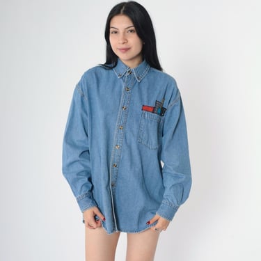 Vintage Patchwork Denim Shirt Y2k Jean Button Up Top Retro 00s Long Sleeve Chest Pocket Retro Streetwear Men's Medium M 