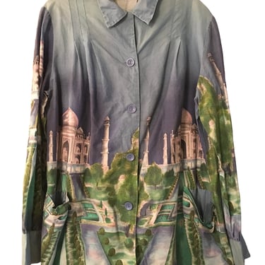 Vintage 1950s Taj Mahal Scenic Novelty Print Smock Jacket 50s Novelty Shirt Blouse John Wolf Fabric 