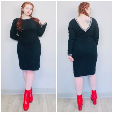 1990s Vintage Collections by Nordstrom Black Angora Dress / 90s Beaded Pearl Trim Plunging Back Knit Dress / Large -XL 