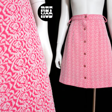 Cute Vintage 60s 70s Pink White Textured A-Line Mini Skirt 