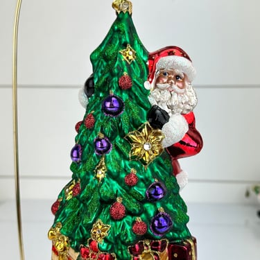 Christopher Radko Santa Peeking Around the Christmas Tree Glass Ornament CR 