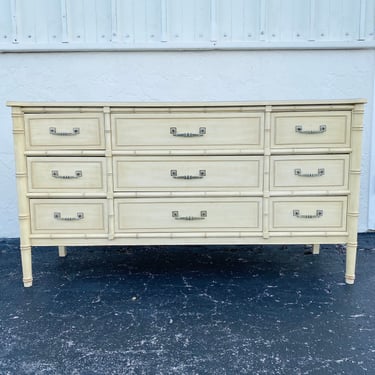 Faux Bamboo Dresser with 9 Drawers by Henry Link Bali Hai - Creamy White Vintage Credenza Hollywood Regency Coastal Bedroom Furniture 