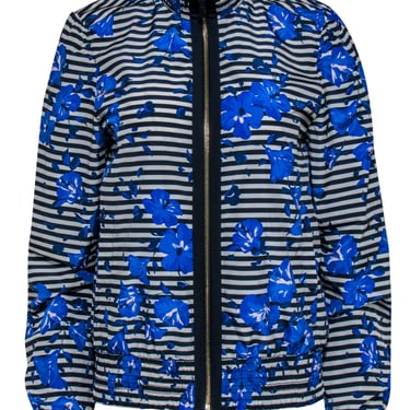 Kate Spade - White, Navy & Blue Striped & Floral Print Zip-Up Jacket Sz M