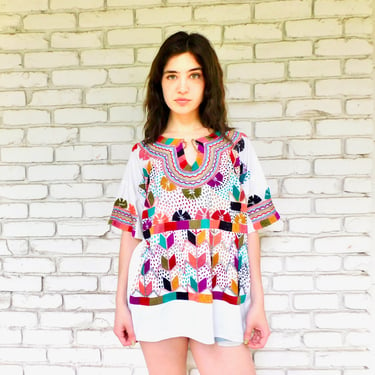 Hand Embroidered Mexican Blouse // vintage 70s 1970s rainbow boho hippie tunic hippy white cotton Mexican 70's 1970's // O/S 