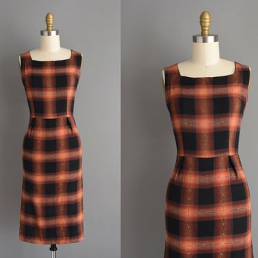 1950s vintage dress | Adorable Black & Orange Plaid Print Cotton Wiggle Dress | XS Small | 50s dress 