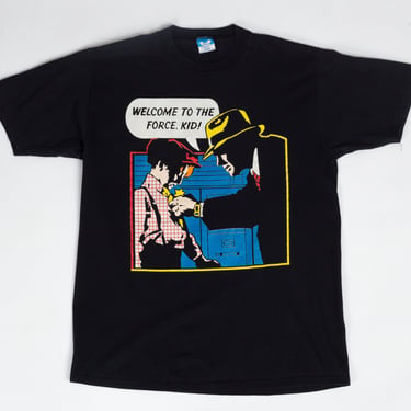 90s Dick Tracy "Welcome To The Force, Kid" Cartoon T Shirt - Large | Vintage Disney Movie Black Graphic Tee 