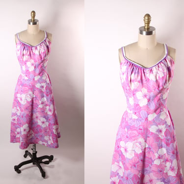 Late 1960s Purple and Pink Floral Hibiscus Hawaiian Strap Ruched Bodice Fit and Flare Swimsuit Swimming Dress by DeWeese Designs -L-XL 