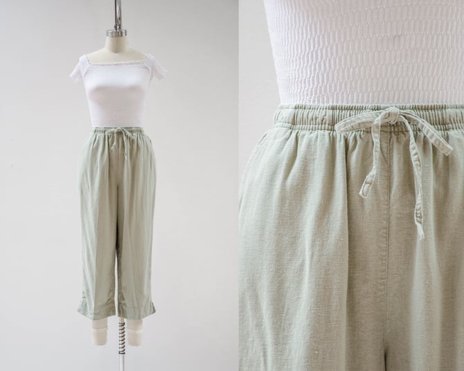 green wide leg pants | 90s y2k vintage sage green gray elastic drawstring waist loose baggy cotton cropped pants 