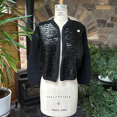 Vintage 1950s Black Sequin Knit Open Front Cardigan Sweater Sally Gee NOS 