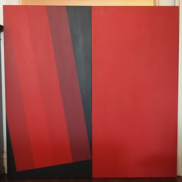 Original Vintage 1972 LOUIS COMTOIS PAINTING Huge Hard-Edge Abstract 72x72" Acrylic / Canvas, Mid-Century Modern Op Art Red Black eames era 