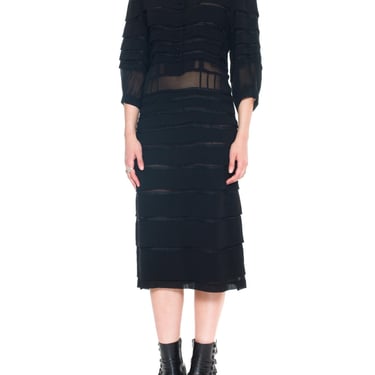 1940s Black Sheer Rayon Chiffon pleated Dress 