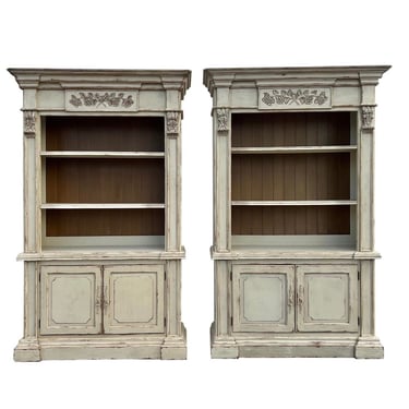 Pair of Habersham Home Carved Rustic European Bookcase Hutches 