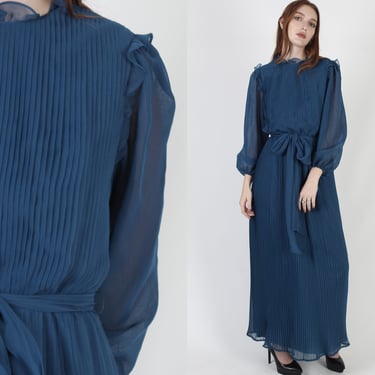 Miss Elliette Deep Blue Chiffon Dress / Long Accordion Pleated Thin Skirt / Navy Lined Party Gown, Sheer Sleeve Maxi Dress With Sash 