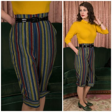 1950s Pants - Killer Vintage 50s High Waist Heathered Striped Pedal Pushers with Wide Cuffs 