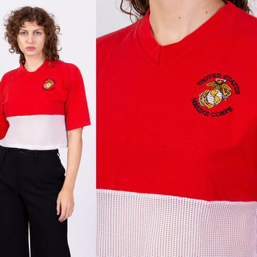 80s US Marine Corps Red Mesh Crop Top Tee - Extra Large | Vintage USMC Graphic Cropped T Shirt 