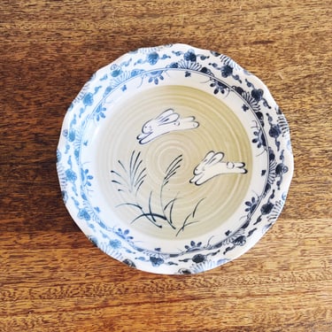 Vintage Blue and White Porcelain Bunny Dish 