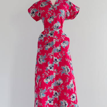 Gorgeous 1940's Cotton House Dress With Zip Down Front / ML