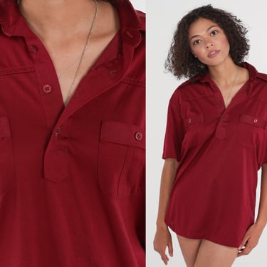 Dark Red Polo Shirt 70s Button Up Shirt Short Sleeve Collared T-Shirt Retro Plain Chest Pocket Preppy Solid Basic Vintage 1970s Mens Large L 