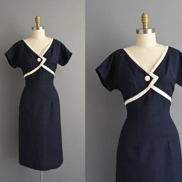 1950s vintage dress | Navy Blue Cotton Pencil Skirt Wiggle Dress | Large | 50s dress 