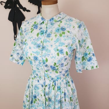 Vintage 1950's Floral Shirt Waist Dress / 60s Peter Pan Collar Cotton Dress S 