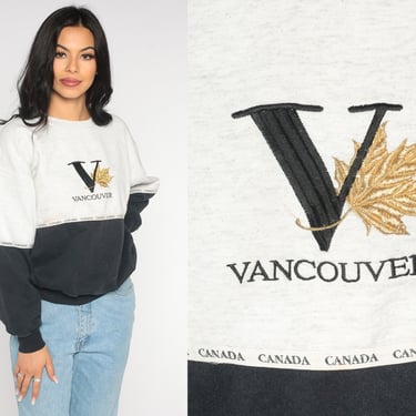 90s Vancouver Sweatshirt British Columbia Canada Sweatshirt Color Block Pullover Sweater 1990s Slouchy Vintage Black Grey Medium 