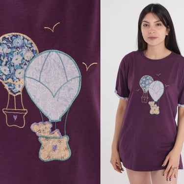 90s Teddy Bear Shirt Hot Air Balloon T Shirt Graphic Tee Purple Shabby Chic 1990s Vintage Cuffed Short Sleeve Grandma Shirt Medium Large 