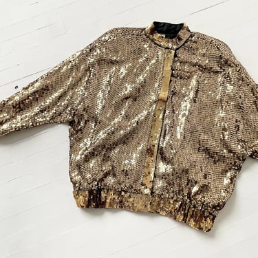 1980s Gold Sequin Silk Bomber Jacket 