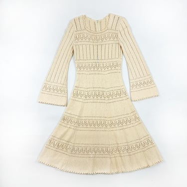 1970s Picardo Knits Cream Colored Open Knit Bell Sleeve Dress / Folk / Wedding / Bridal / Angelic / Sheer / Medium / Pointelle / GTO / Boho 