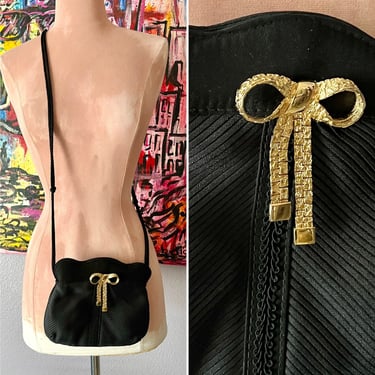 Vintage Cross Body Bag, Pleated Details, Gold Tone Bow, Black Fabric Purse, Skinny Rope Strap, Jay Herbert, 70s 80s 