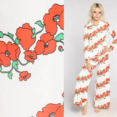 70s Jumpsuit Set Poppy Two Piece Outfit Vintage Bohemian Floral Women Bell Bottoms PANTS + TOP Boho Hippie 1970s White Extra Small xs 