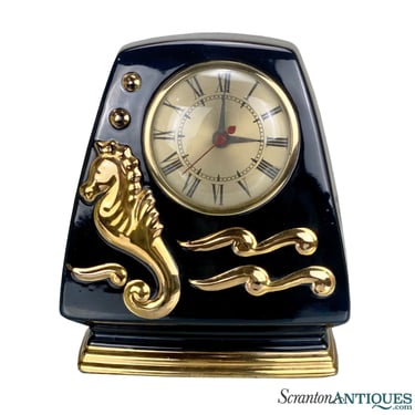 Mid-Century Art Deco Porcelain Black &amp; Gold Seahorse Motif Mantle Clock
