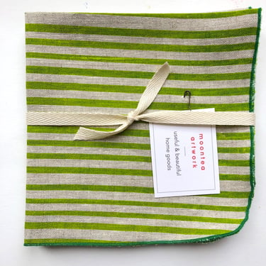 Striped linen napkins, bright green, hand printed, stripes, citrus, fun colors, bright colors, lime, kitchen goods, table goods, 