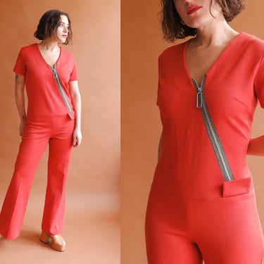 Vintage 70s Racing Stripe Jumpsuit/ 1970s Burnt Orange Diagonal Checkerboard Zip Coveralls/ Size Medium 