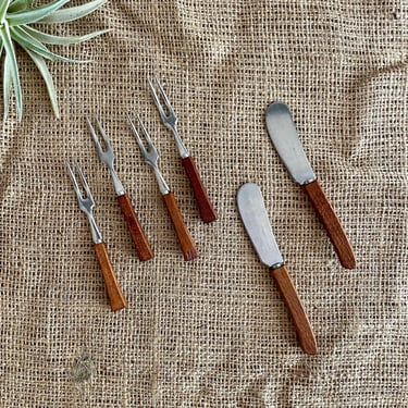Vintage Mini Appetizer Knives and Forks Set, 6 pieces - Teak Wood Handles with Stainless Steel, Mid Century Scandinavian Modern, Japan 